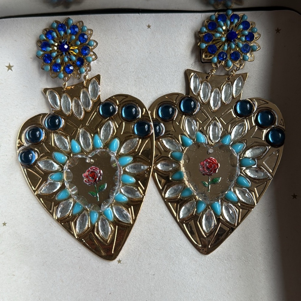 Mercedes Salazar Gold and Blue Heart Earrings